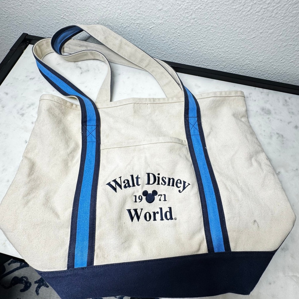 Walt Disney World 1971 Mickey Mouse Canvas Tote Bag Navy Blue Cream Large
